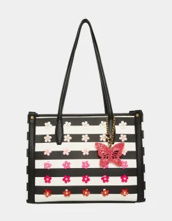 Betsey Johnson Gradient Garden Striped Tote Black/White<Women Handbags