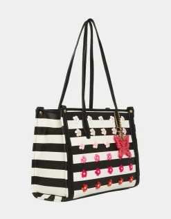 Betsey Johnson Gradient Garden Striped Tote Black/White<Women Handbags